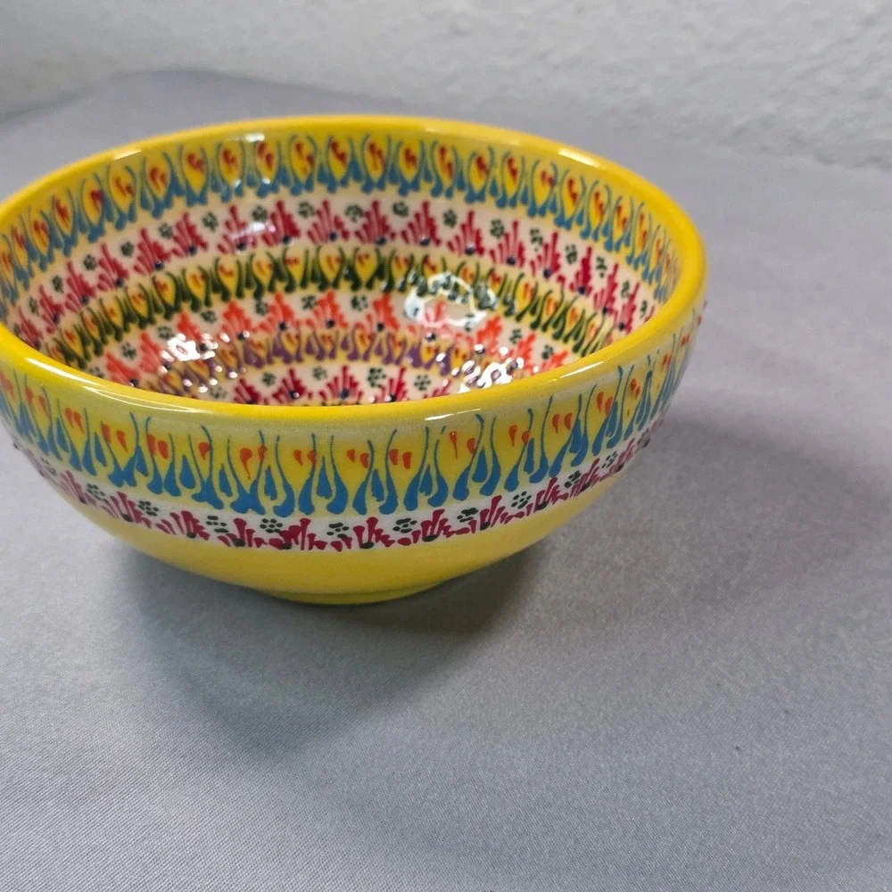 Handcrafted Hand Painted Yellow Ceramic Bowl Floral Mandala Signed 6 Inch